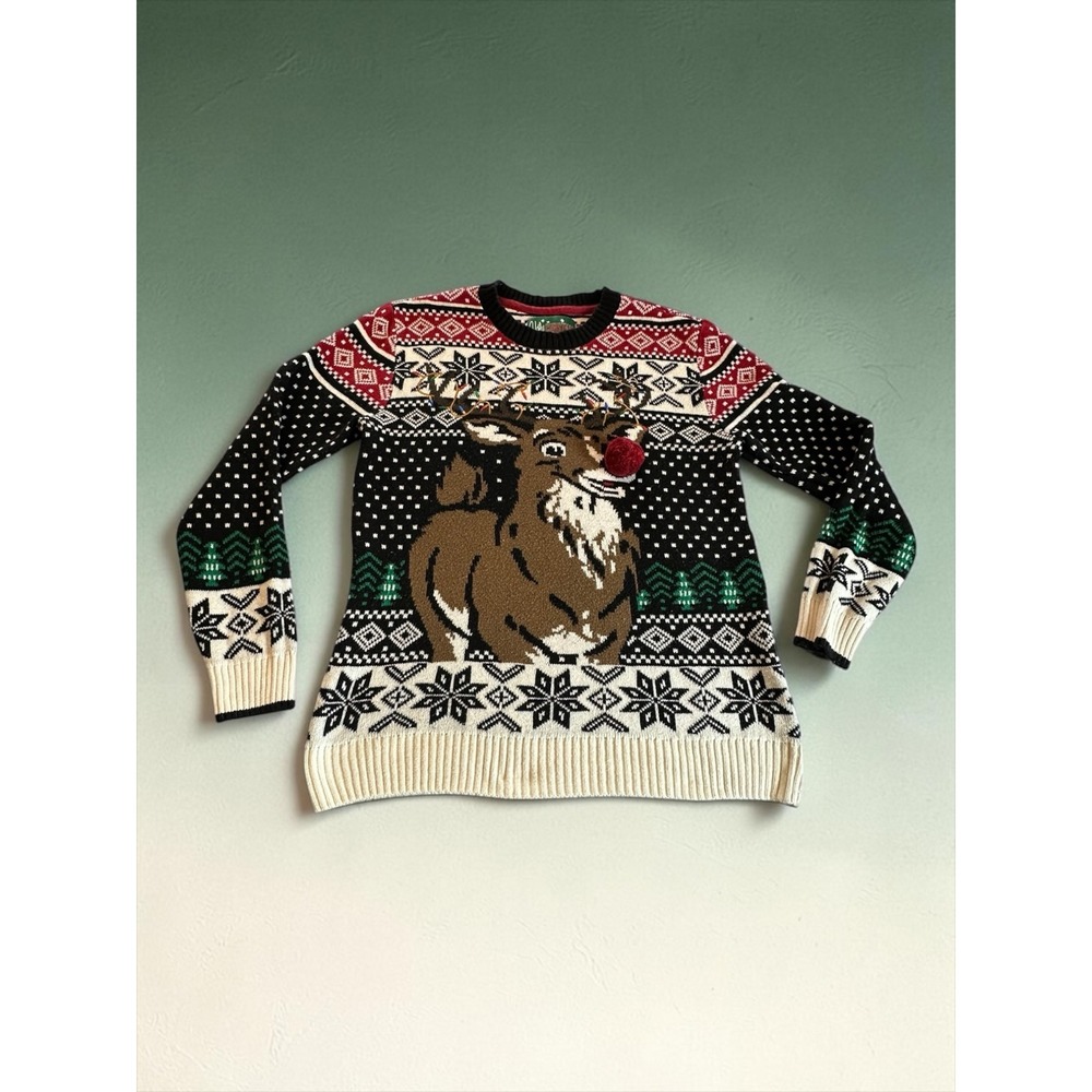 Ugly Christmas Sweater Reindeer Pom Pom Nose Pullover Small Black Red Fair Isle